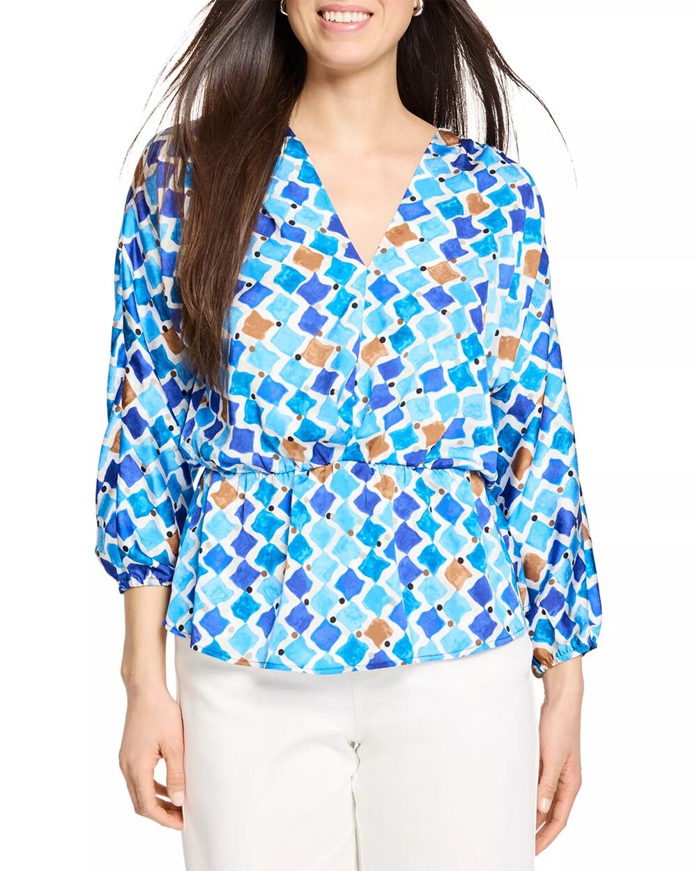 NIC+ZOE Women Blue Sea Glass Mosaic Satin Sofia V-neck Pullover Top Size XL